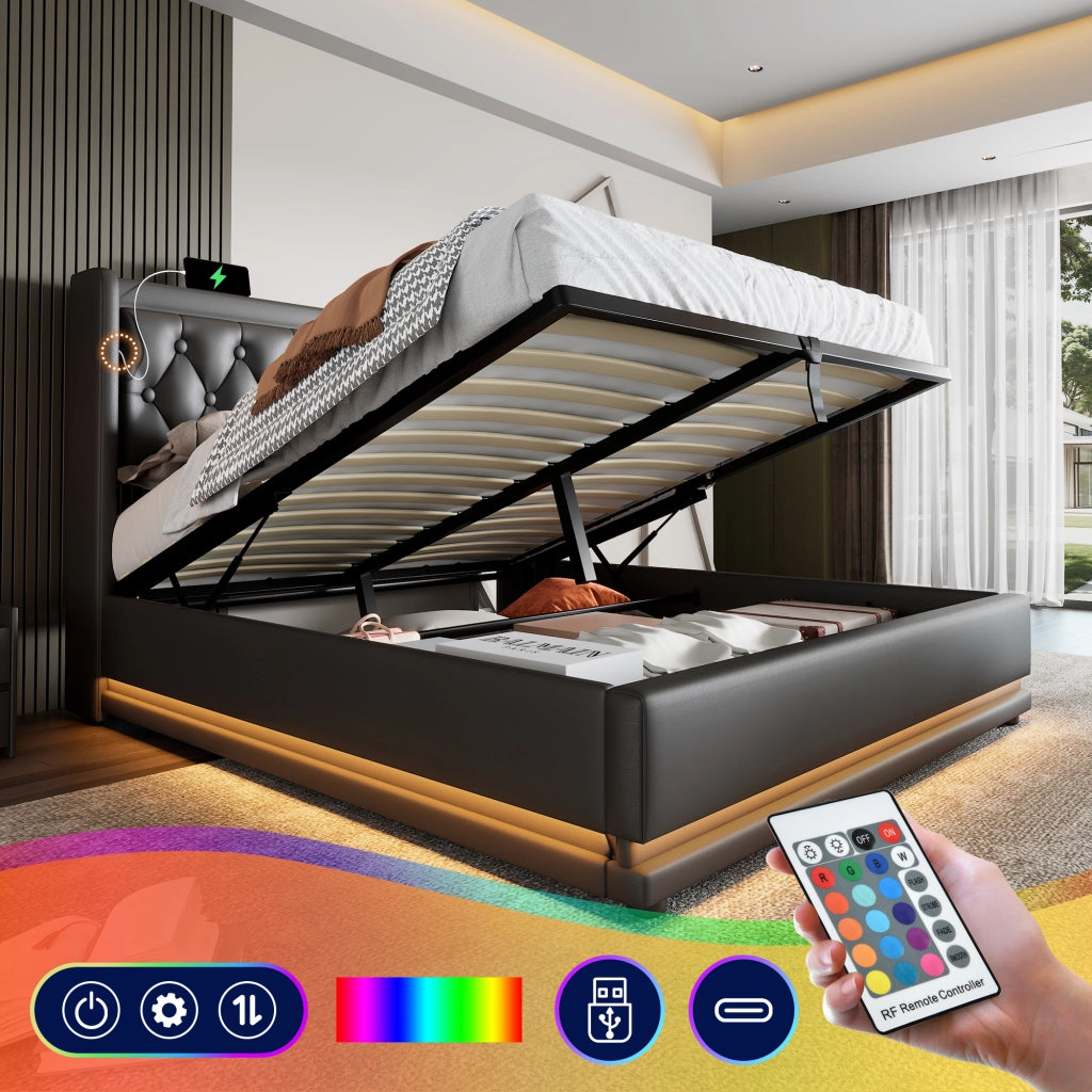 OKWISH Letto Contenitore 160×200 cm, Letto Matrimoniale con USB, Type C e LED Regolabile, senza Materasso, in PU, Nero