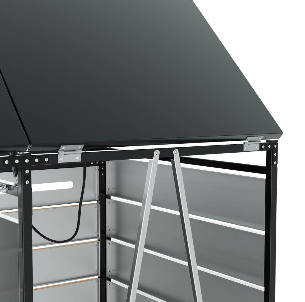Cassonetto porta bidoni 2 scomparti in ferro con rivestimento effetto legno e coperchio idraulico, chiusura sicura, ventilazione anti odori
