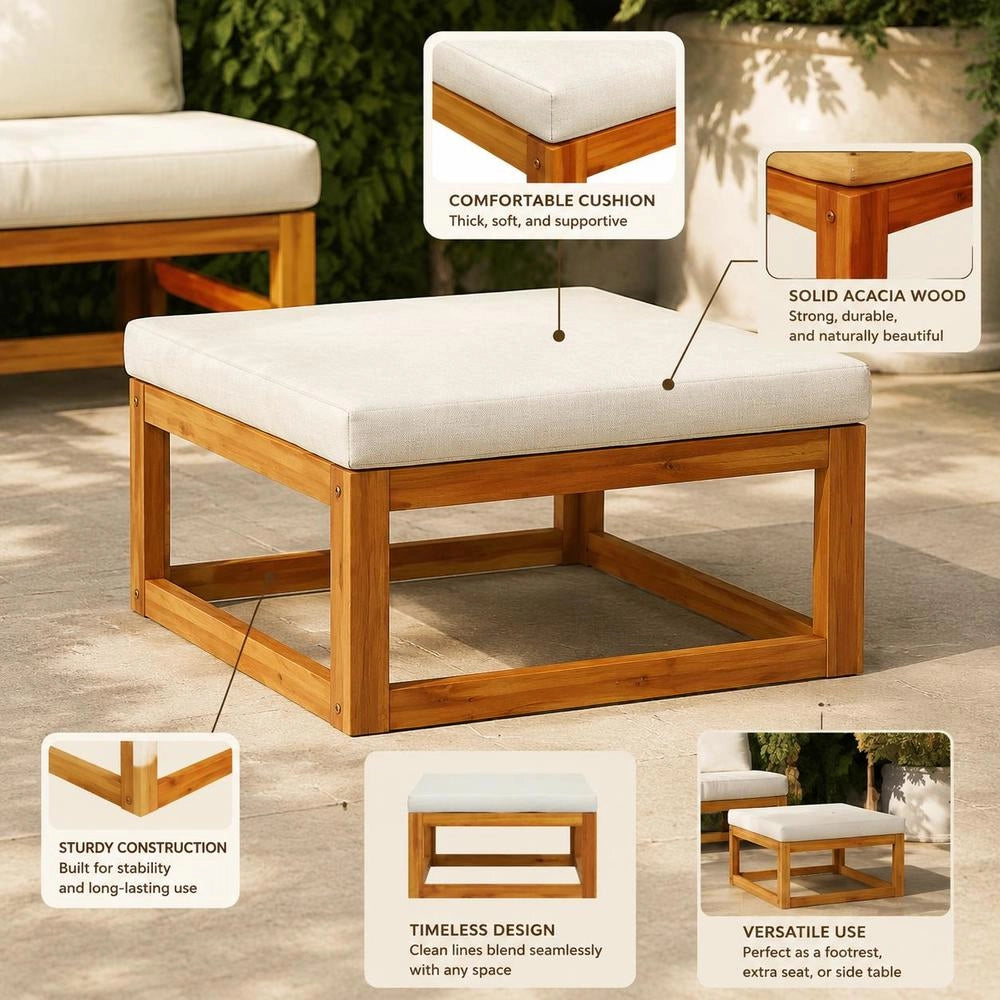 Footstool With Cream-white Upholstery, Solid Acacia Wood