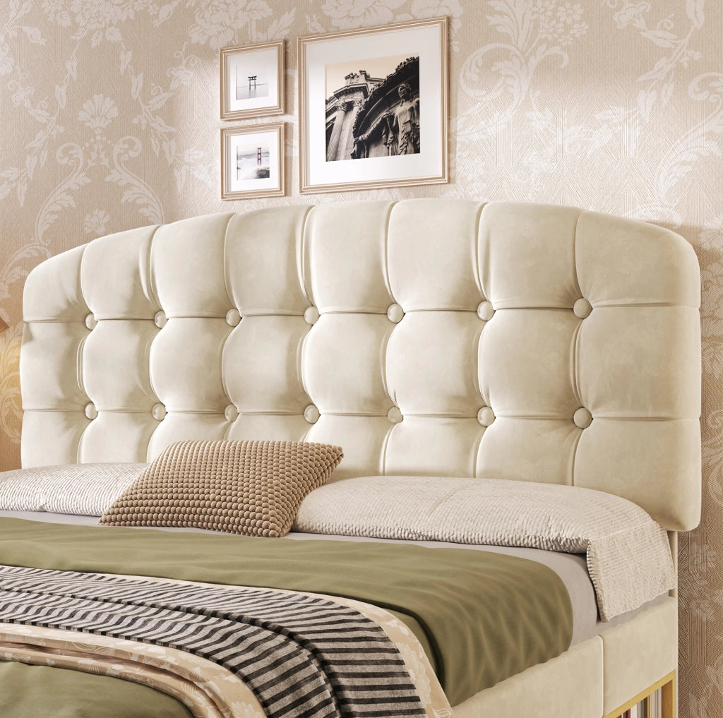 Letto imbottito 140x190 cm in velluto beige con testiera regolabile e cassetti