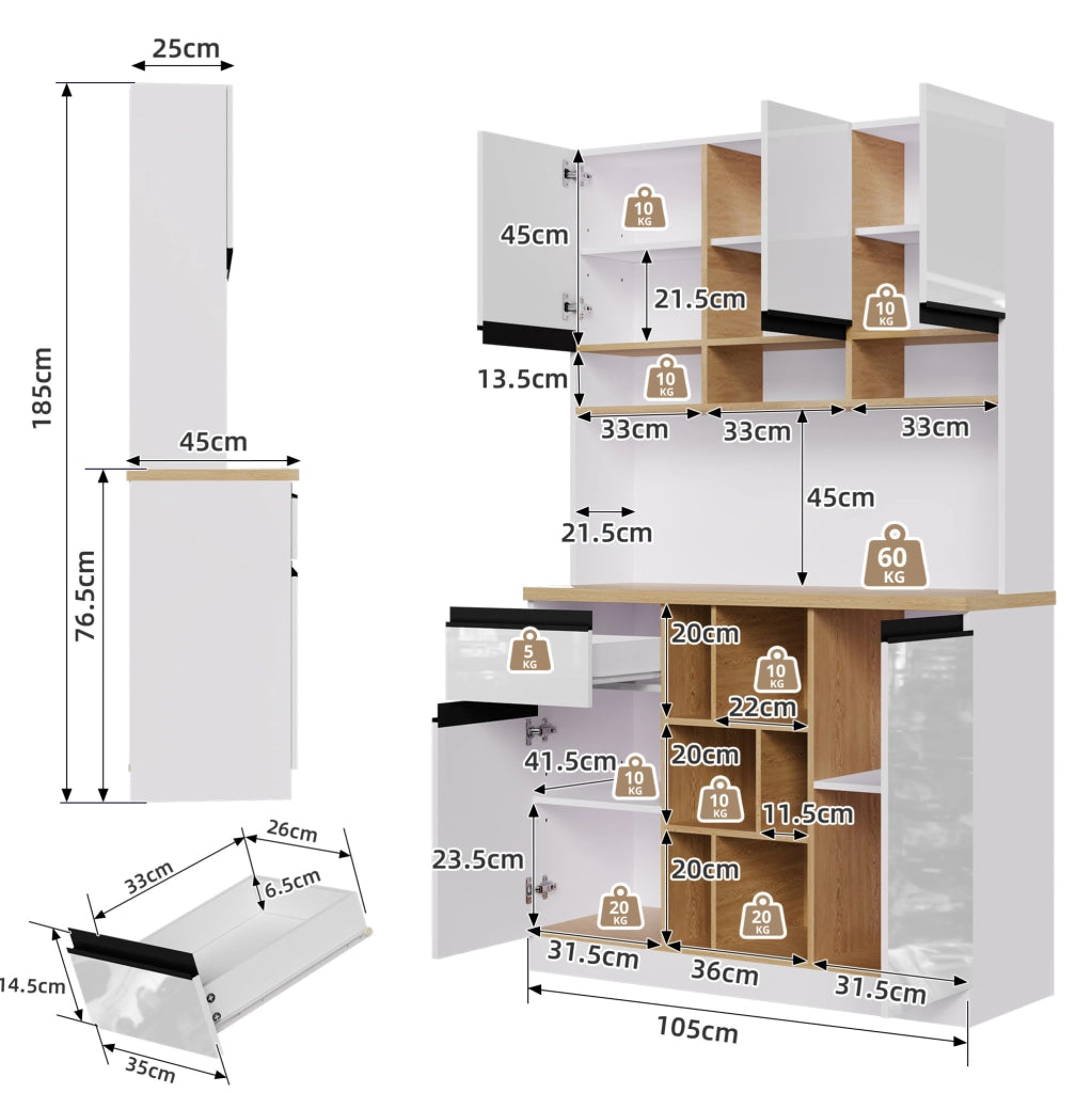 Credenza da cucina in MDF bianco lucido 105 × 45 × 185 cm con cassetto e ripiani regolabili