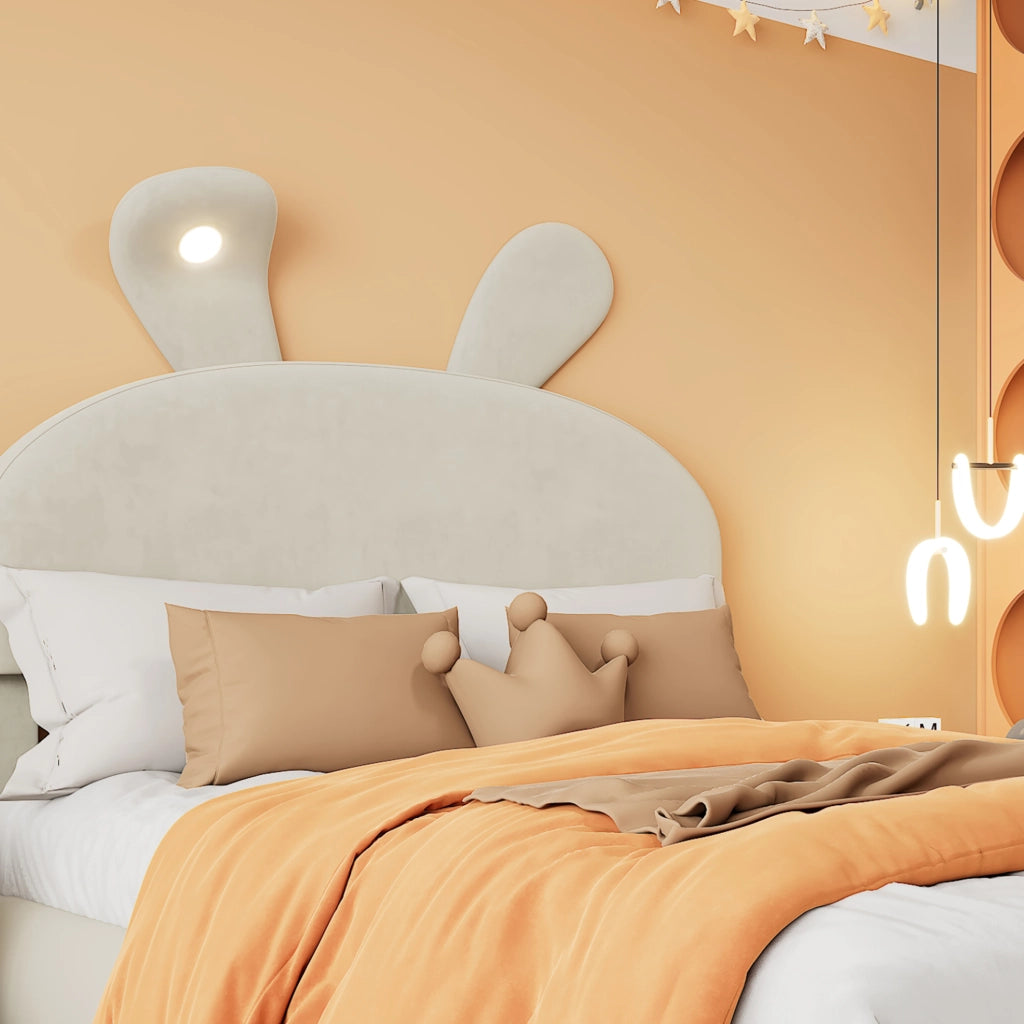 Letto imbottito 90x200 cm con orecchie decorative, luce LED e contenitori
