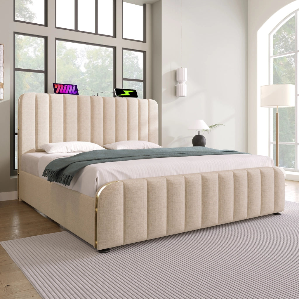 Letto contenitore 140 × 190 cm con testiera imbottita porte USB e Type-C struttura in metallo rivestita in lino beige