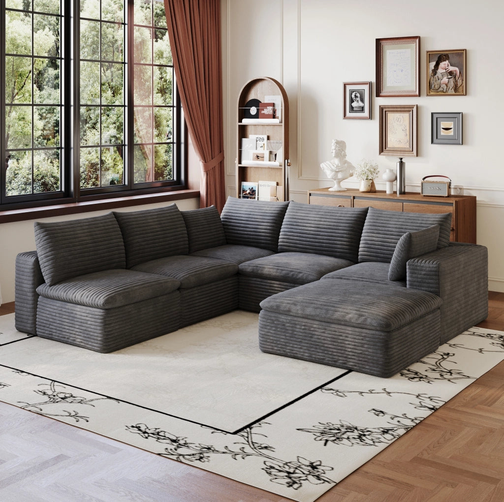 Divano modulare in tessuto di velluto a coste grigio scuro 260x250 cm con imbottitura rimovibile e design a doppio strato
