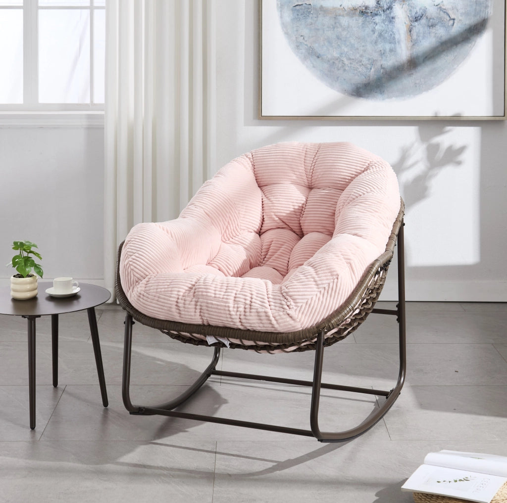 Sedia a Dondolo da Esterno in Rattan Sintetico con Cuscino Imbottito, 78x106x90 cm, Rosa