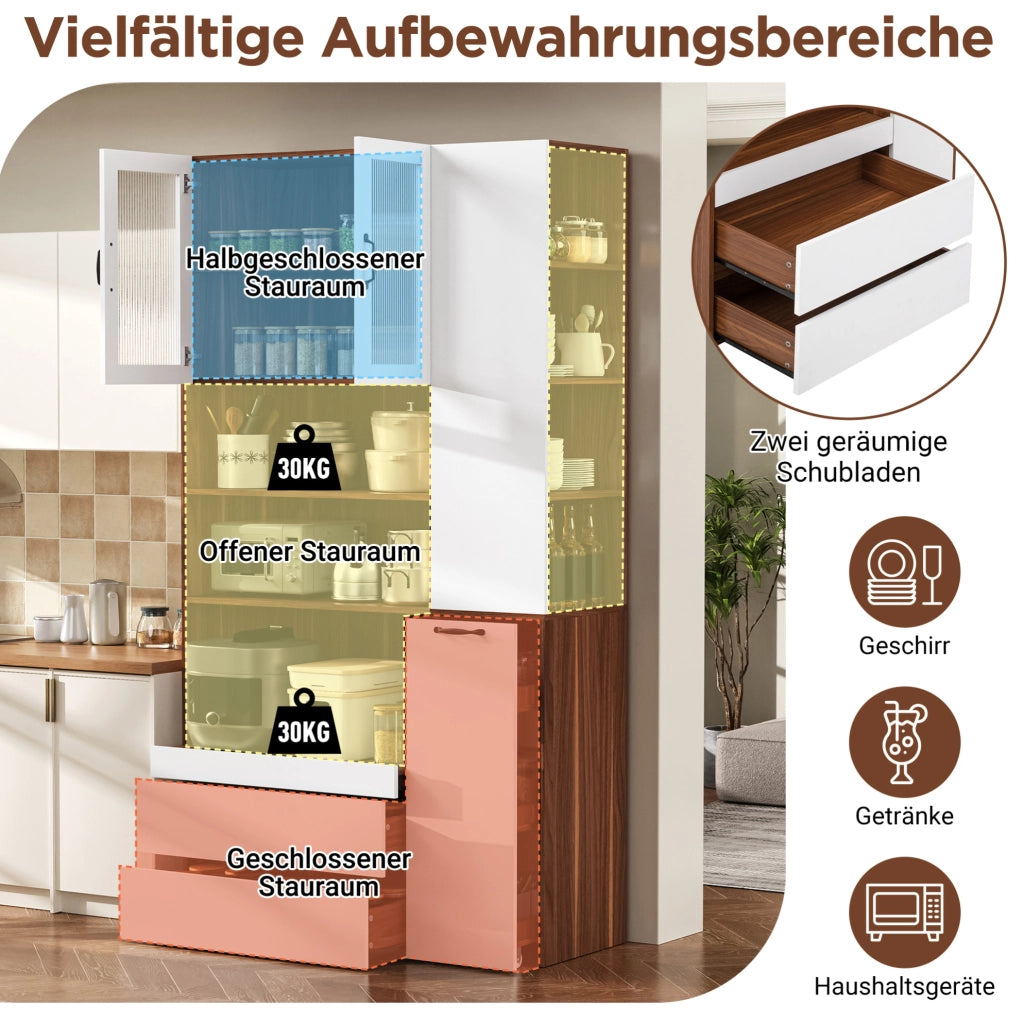 Highboard in MDF Weiß und Nussbaum mit verstellbaren Regalböden, Schubladen und Riffelglas, 100x40x200 cm, ideal für Esszimmer und Küche