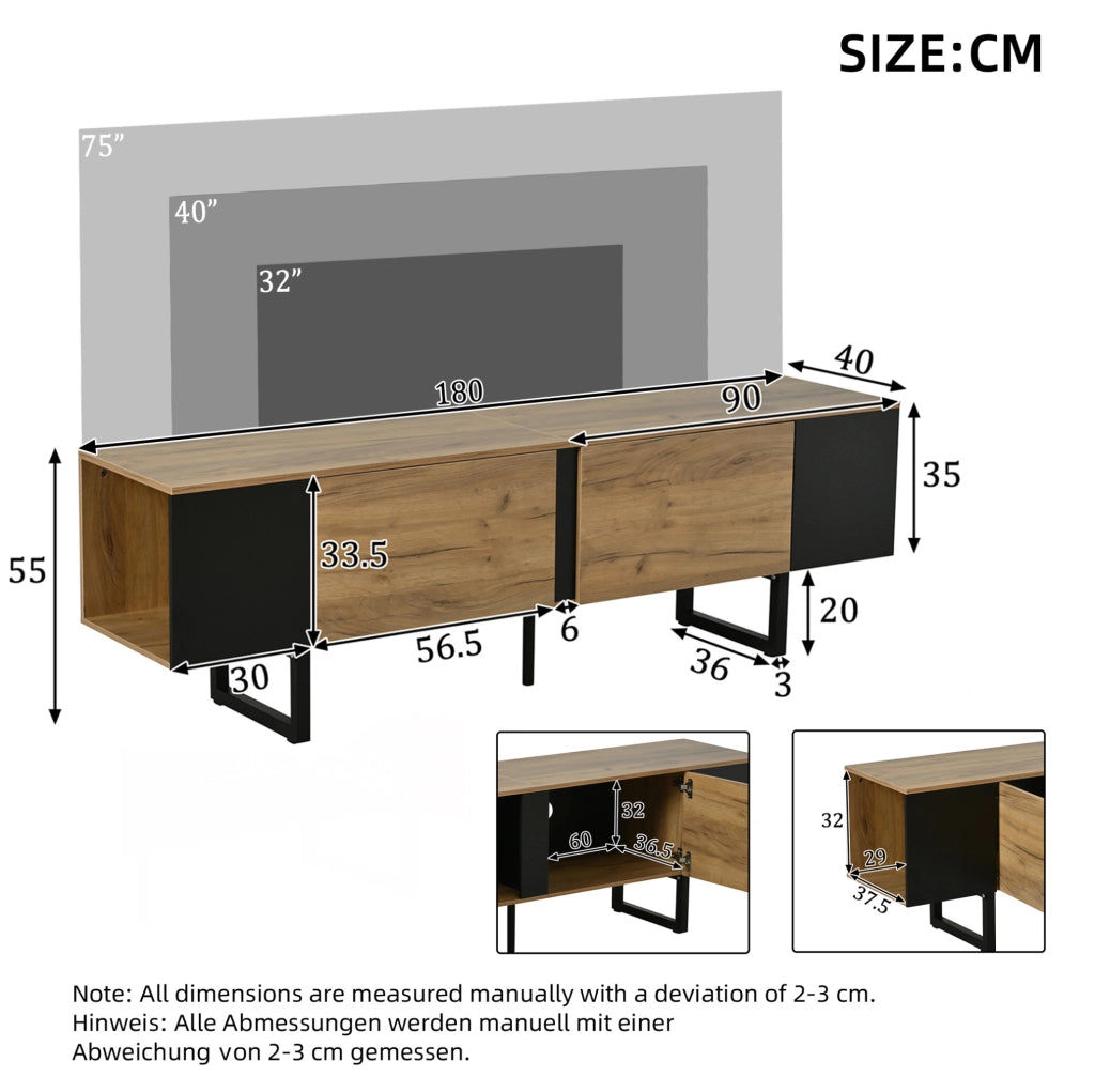Mobile TV 180x40x55 cm con 2 ante e ripiani laterali in truciolare