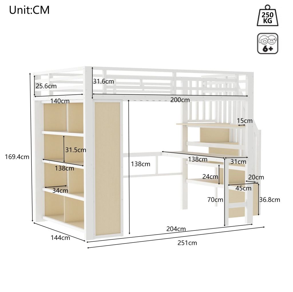 Letto a soppalco 140x200 cm con struttura in ferro, scrivania, mensole, LED integrato e scale con vano portaoggetti, bianco