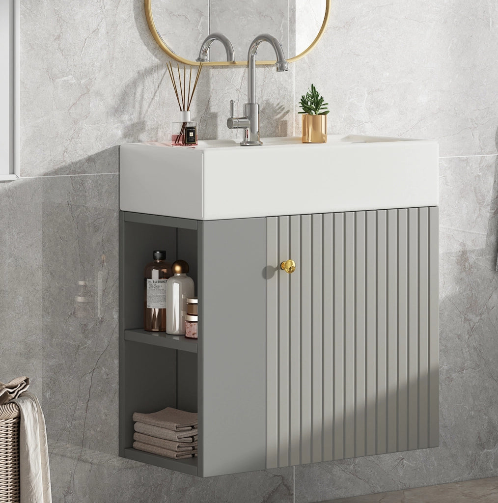 Mobile bagno compatto con lavabo in ceramica grigio e bianco