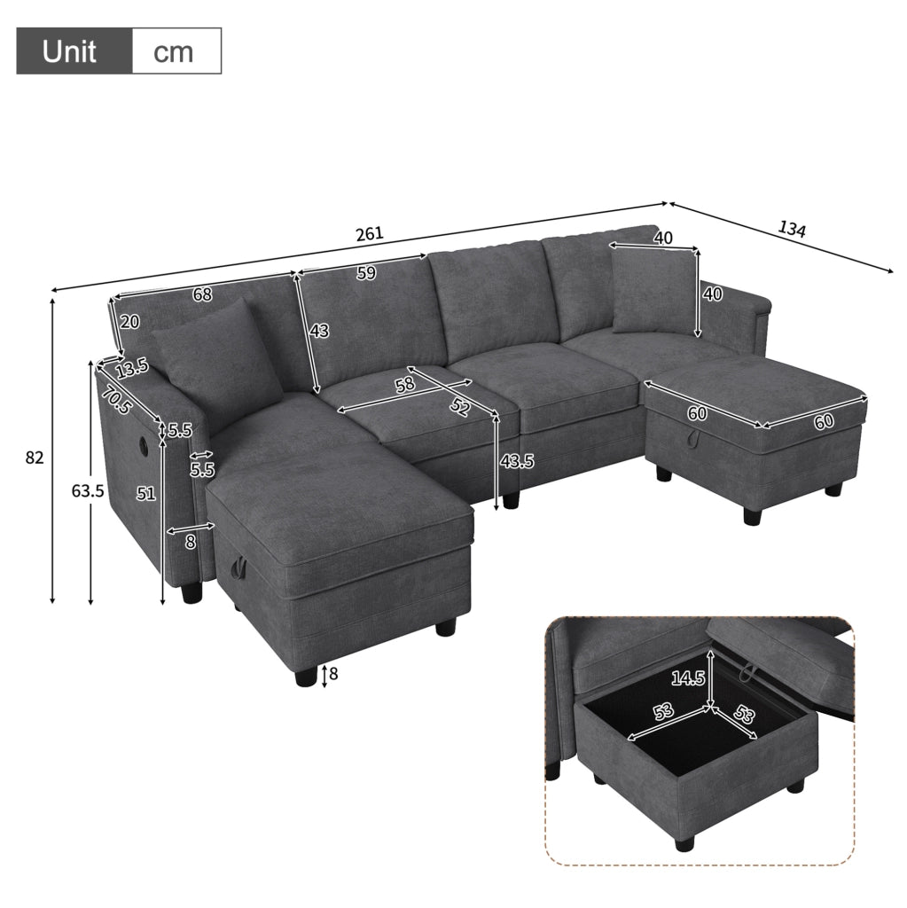 Divano modulare grigio in tessuto Chenille con 2 pouf contenitori e 2 cuscini decorativi, 261×134×82 cm