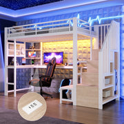 Letto a soppalco 90 × 200 cm con scrivania USB USB-C LED mensole scala contenitore in metallo e MDF bianco