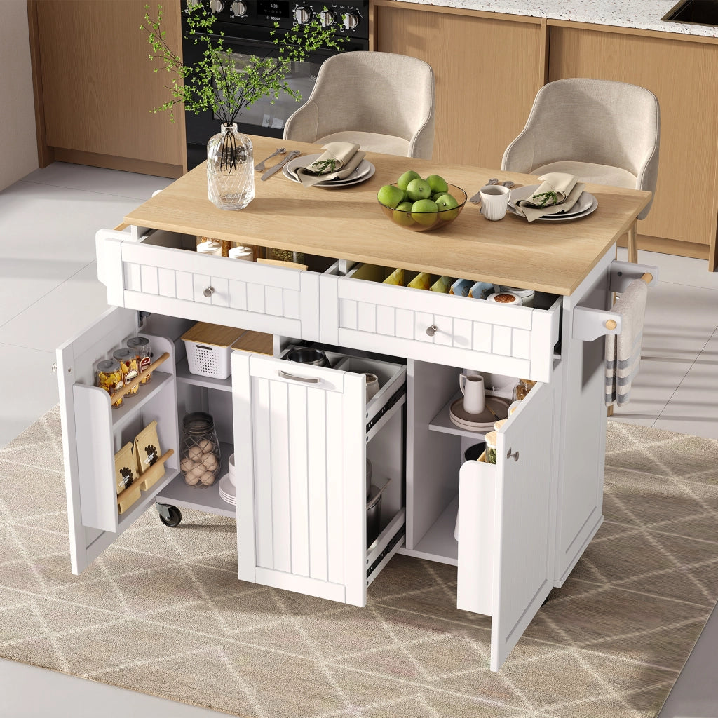 Mobile base da cucina con piano estraibile e pieghevole; cassetti multifunzione; bianco e naturale 140 × 40-70 × 92 cm