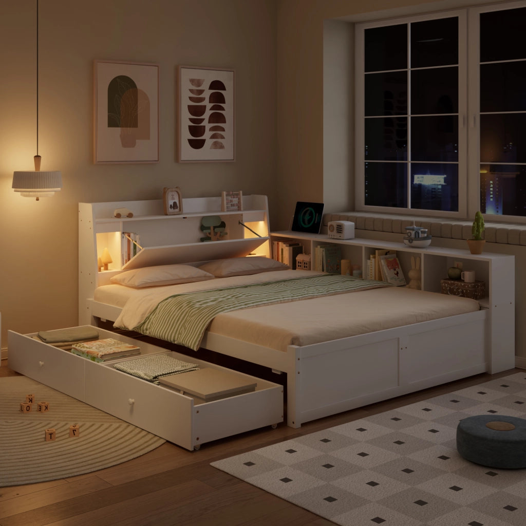 Letto matrimoniale 140x200 cm bianco in pino e MDF con testiera contenitore; luci e ricarica