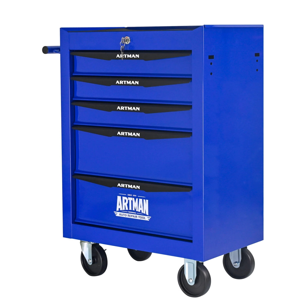 Carrello porta attrezzi mobile in acciaio con 5 cassetti e ruote, 60x33x77,5 cm, nero e blu