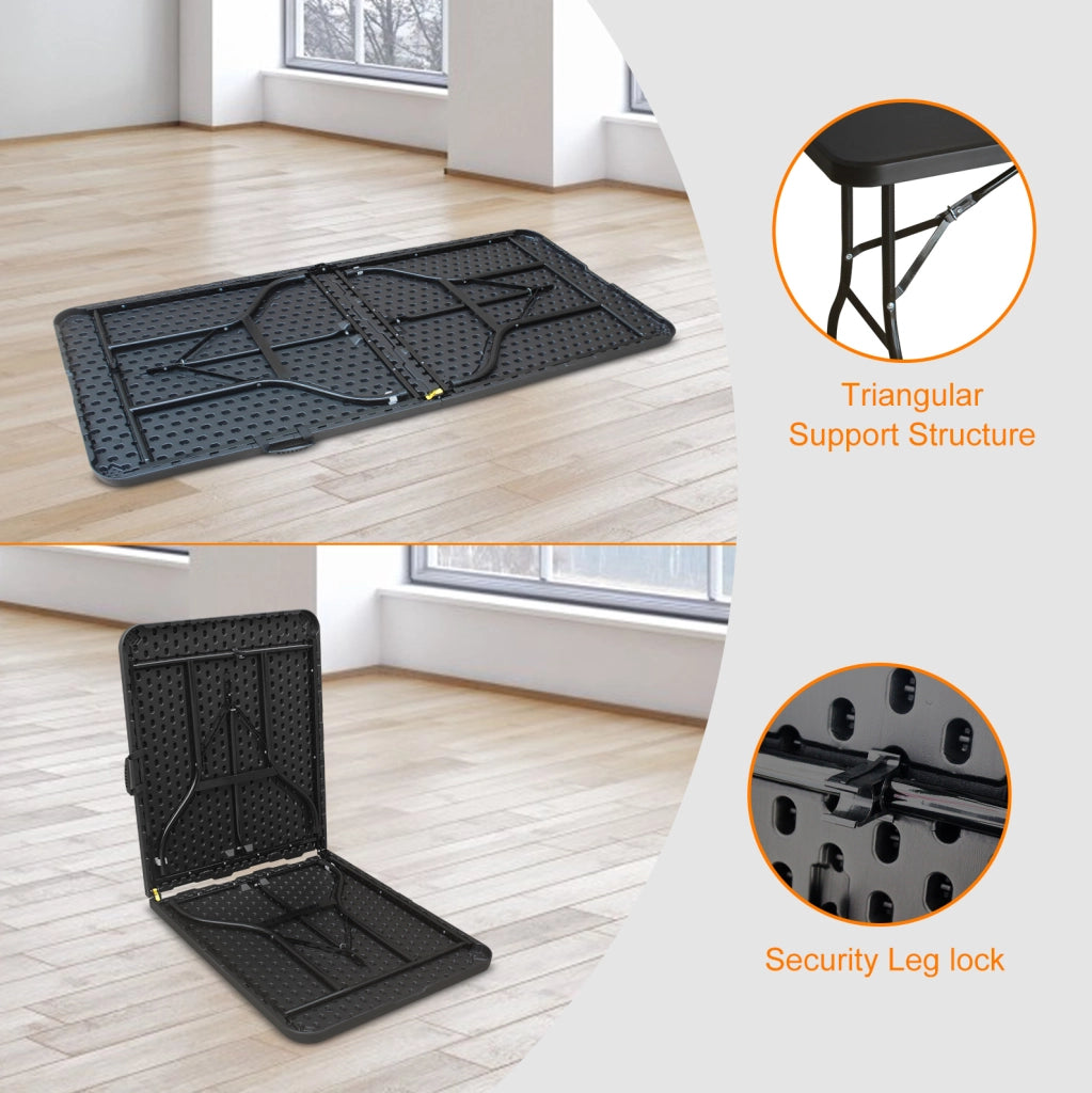 Tavolo pieghevole 180x73,6x73,6 cm nero, con maniglia, per campeggio e interni