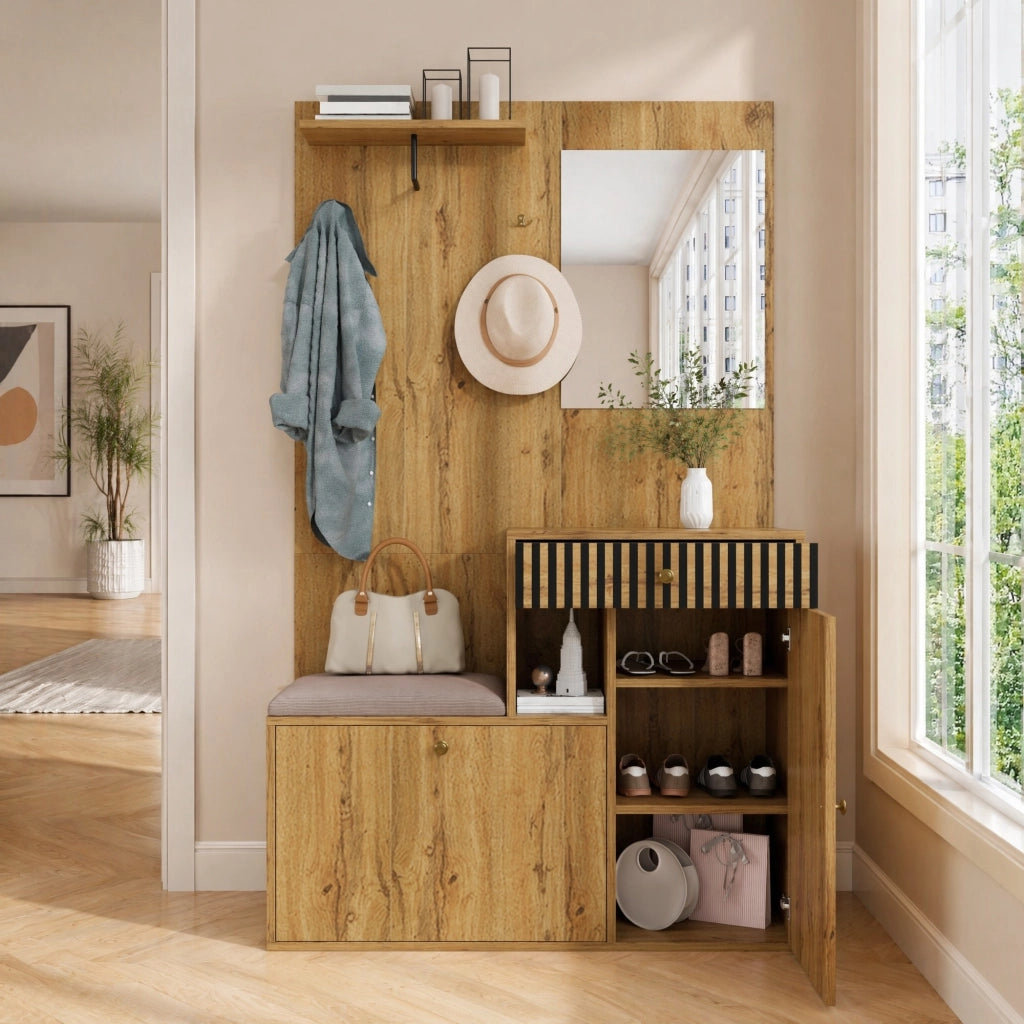 Mobile ingresso con specchio, seduta e appendiabiti MDF