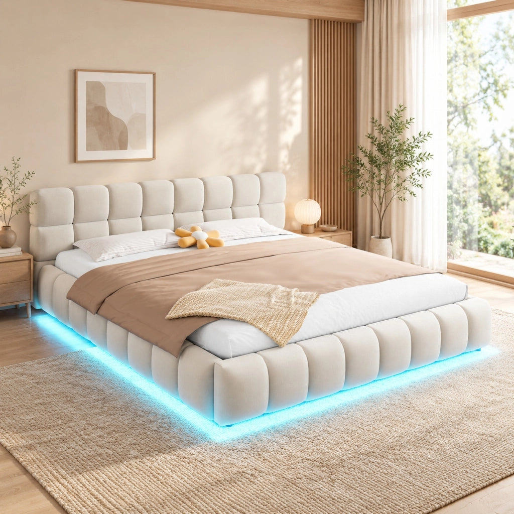 Letto imbottito 180x200 cm beige in velluto con contenitore idraulico e LED