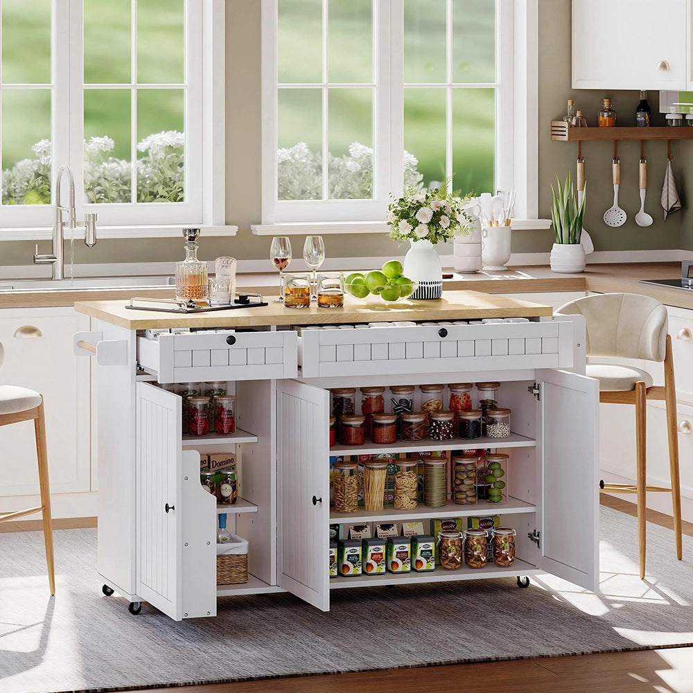 Isola cucina 6 ruote - Xylo - 137x89x45cm bianco 2 cassetti
