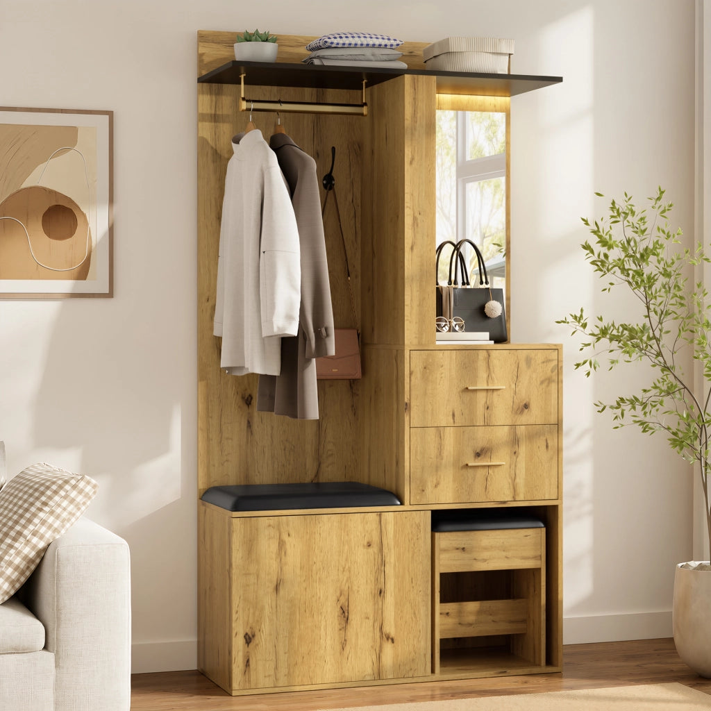 Mobile da ingresso con specchio, LED, 2 cassetti, seduta e scarpiera con ripiani regolabili, MDF naturale, 100 × 40 × 172.5 cm