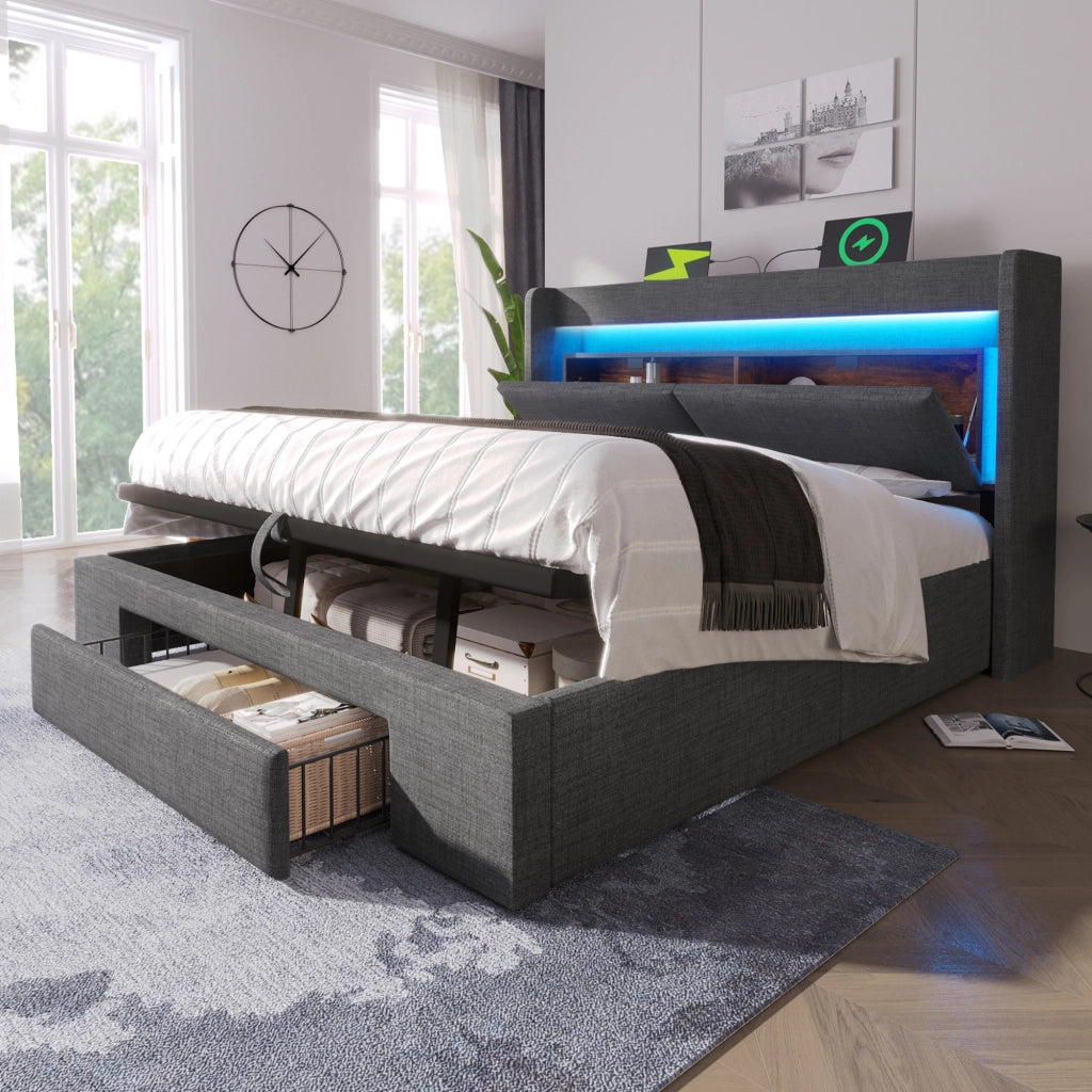 Letto imbottito 140x200 cm con contenitore idraulico; testiera LED; USB e USB-C; grigio