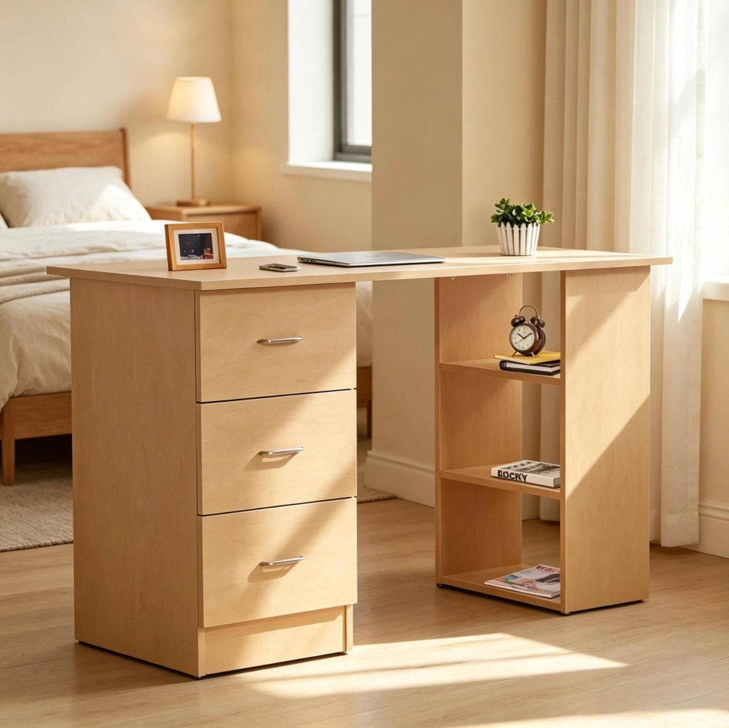 Scrivania per computer in MDF effetto legno chiaro con 3 cassetti e 3 ripiani aperti, 120x49x72 cm