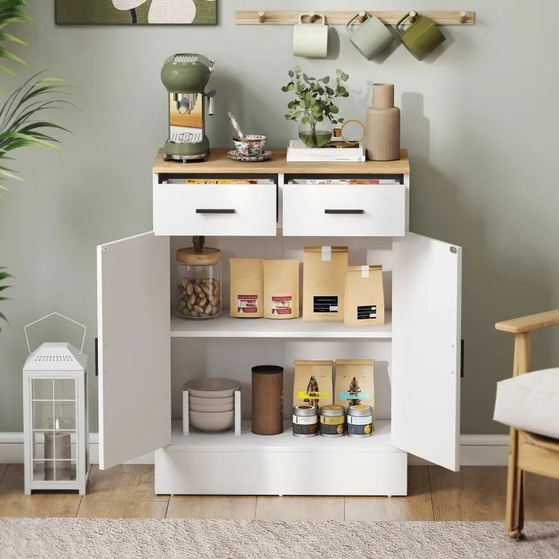 Sideboard in legno naturale bianco con 2 cassetti e ripiano regolabile, mobile contenitore per cucina, soggiorno e ingresso