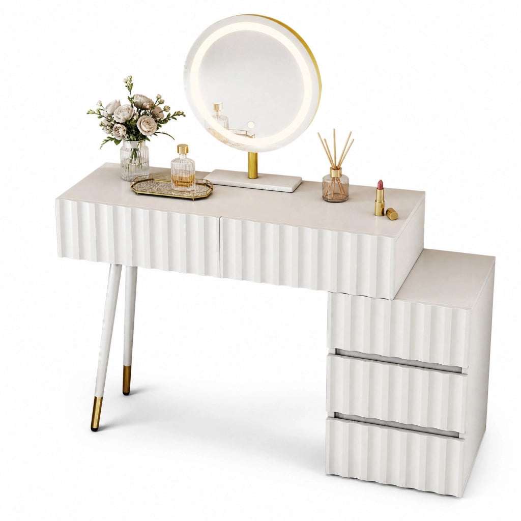 Toeletta con specchio LED 100x40x127 cm, 5 cassetti bianca HAVRYA