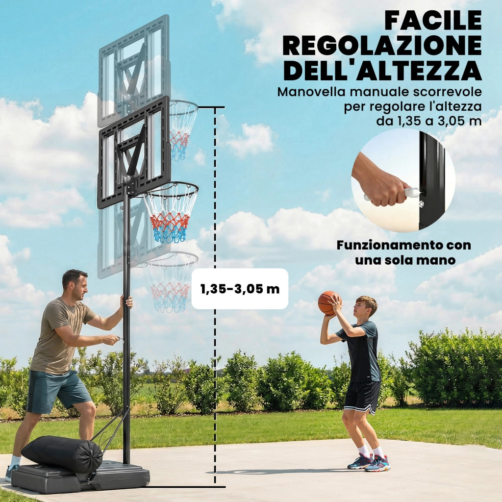 Canestro da Basket con Altezza Regolabile 1,3-3 m Base Riempibile e Ruote Nero