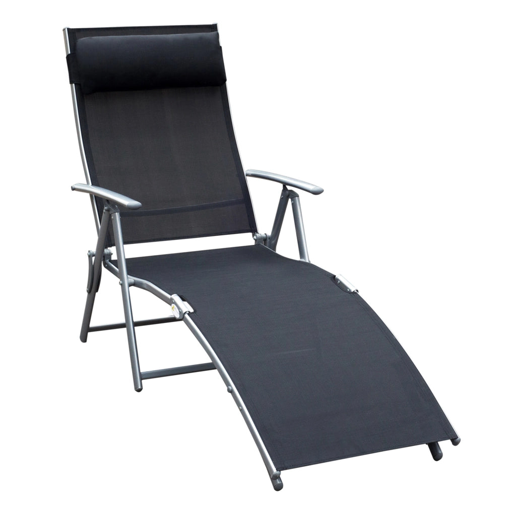 Lettino prendisole pieghevole in metallo e tessuto nero 137x63,5x100,5 cm per giardino, terrazza e spiaggia con cuscino