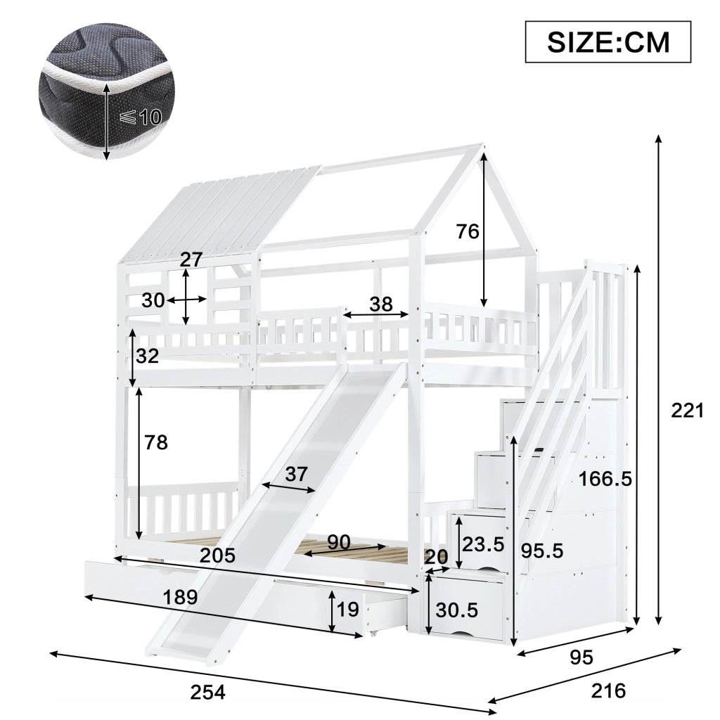 Letto A Castello A Casetta 90x200 Cm Con Scala E Scivolo; Legno Di Pino E MDF; Bianco