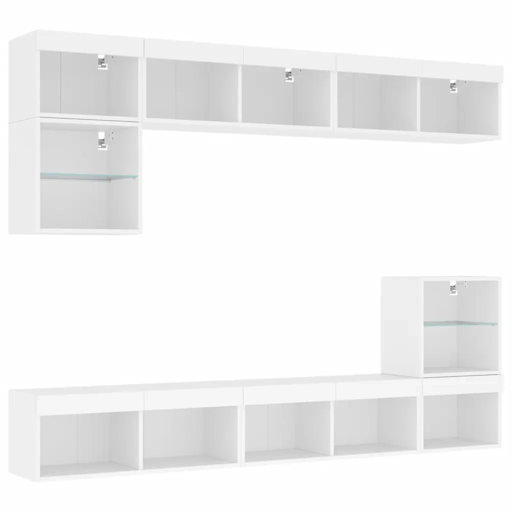 Mobili TV a Muro con LED 8pz-Set di 8 Credenza per TV sospesa Bianchi in Legno Multistrato