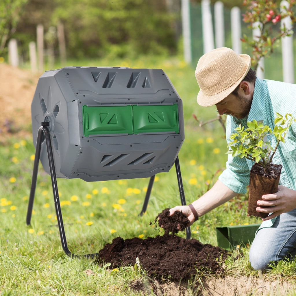 Compostiera a tamburo, composter da giardino da 160 litri con 2 scomparti, compostaggio rapido rotante, per rifiuti organici e da giardino, grigio