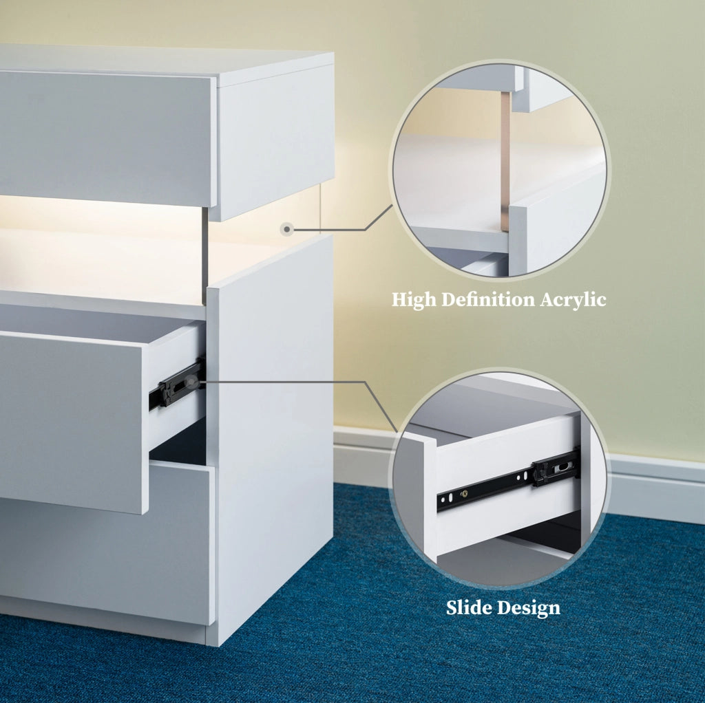Comodino LED bianco con pannello acrilico e 3 cassetti in legno ingegnerizzato