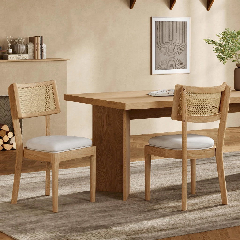 Sedia da Pranzo Set da 4 con Schienale in Rattan e Seduta Imbottita, in Legno Massello, Legno