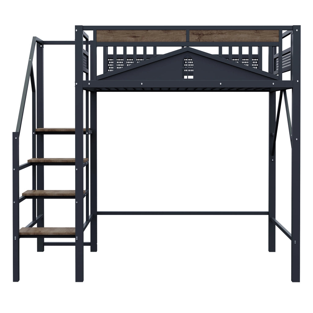 Letto a soppalco 140 × 200 cm con scala di sicurezza; gradini in legno e barriera a finestra in metallo nero