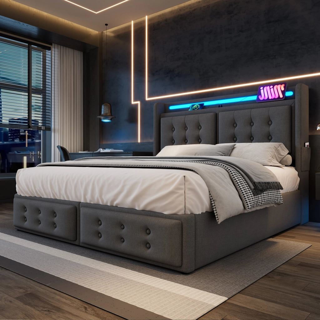 Letto imbottito 140 × 200 cm con contenitore idraulico testiera LED prese USB e Type-C grigio