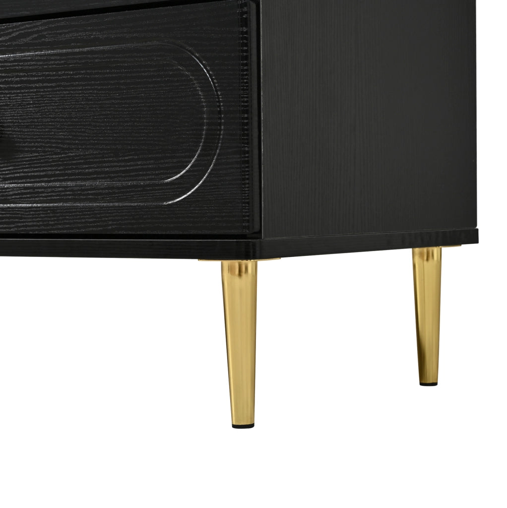Credenza nera con 6 cassetti; frontali ovali e piedi in metallo; 120 × 40 × 75 cm