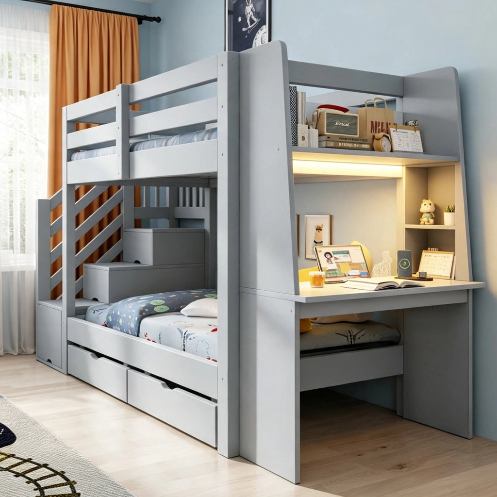 Letto a castello 90x200 cm con scrivania; libreria; scala contenitore; LED e cassetti; grigio