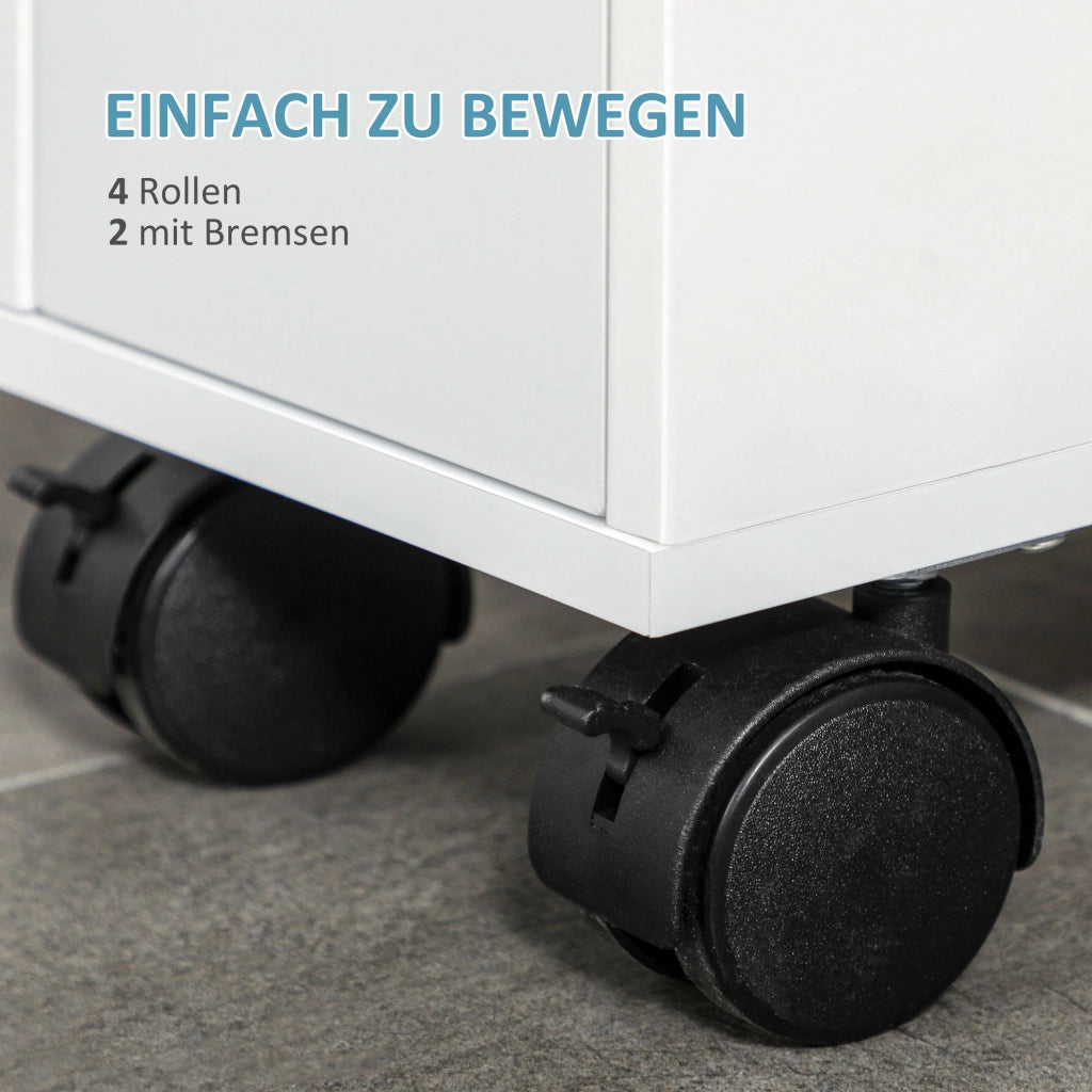 Mobile basso da bagno compatto con ruote; 2 cassetti e vano aperto in MDF bianco 16 × 49.5 × 66 cm