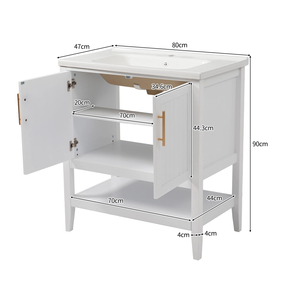 Mobiletto con lavabo in ceramica con mobile a terra in MDF bianco