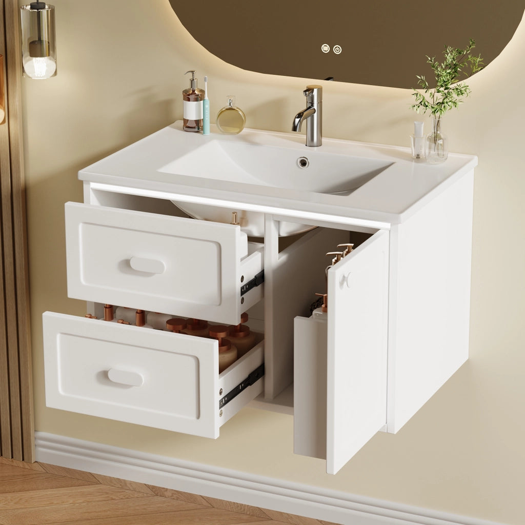 Mobiletto con lavabo sospeso in MDF e ceramica con LED a sensore radar; 2 cassetti bianco 76 × 46 × 51 cm