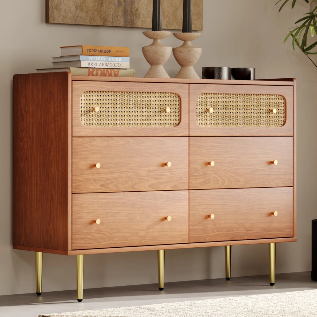 Cassettiera con 6 cassetti e 2 pannelli in rattan, finitura noce, per camera da letto, legno e metallo, 120 × 40 × 90 cm