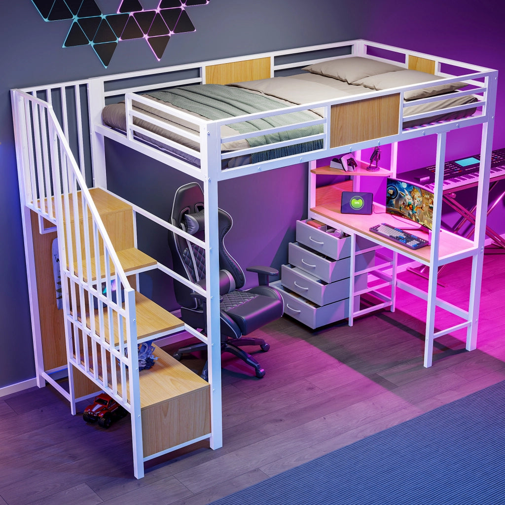 Letto a soppalco per bambini 90x200 cm con scrivania; LED e presa; ripiani e barra appendiabiti; metallo bianco