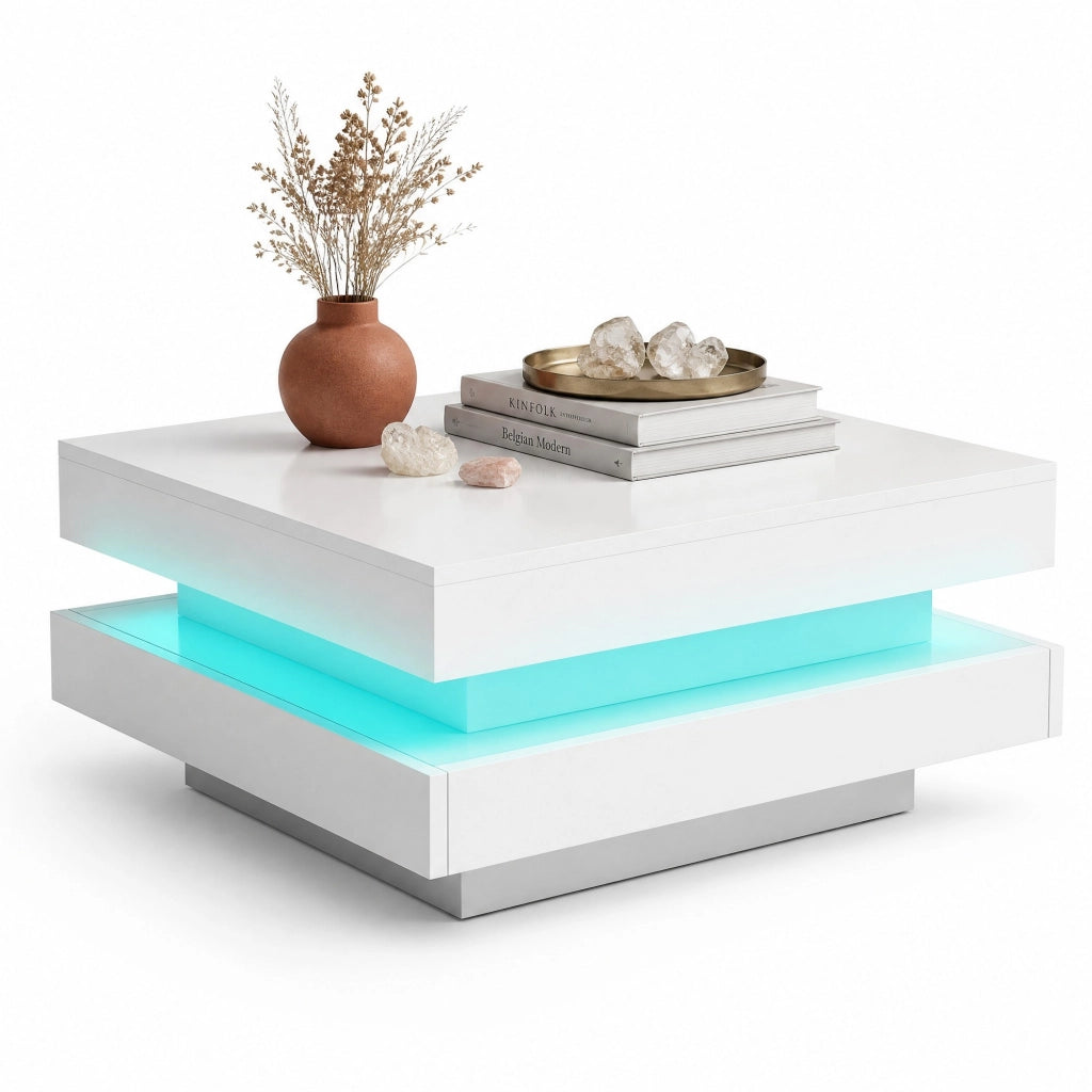 Tavolino da caffè quadrato bianco lucido 70x70x36 cm con piano girevole a 360° e LED
