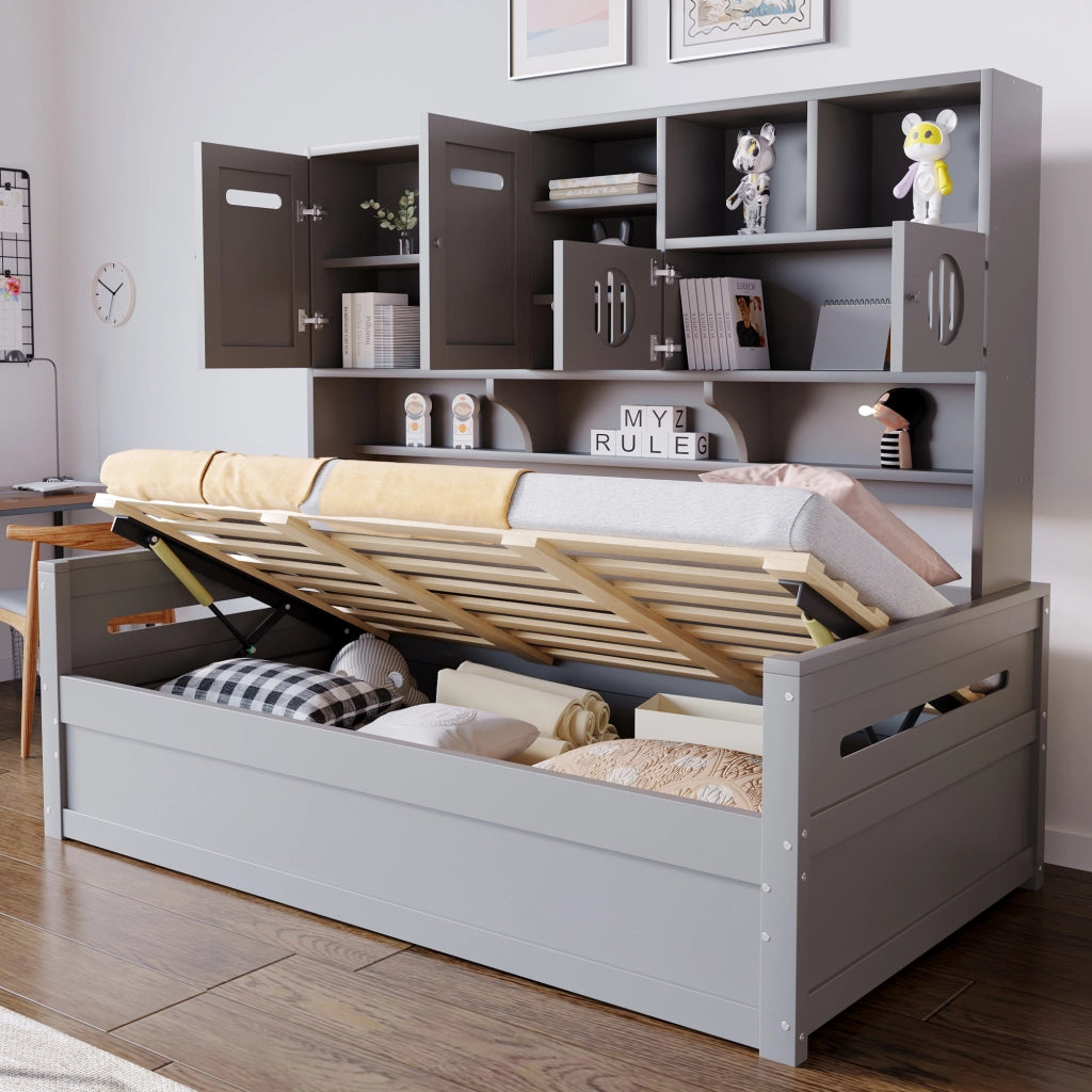 Letto singolo con contenitore 90 × 200 cm con sollevamento idraulico e vano superiore in legno di pino grigio