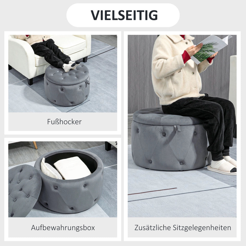 Poggiapiedi contenitore rotondo imbottito con coperchio, effetto velluto in poliestere grigio Ø60×40 cm