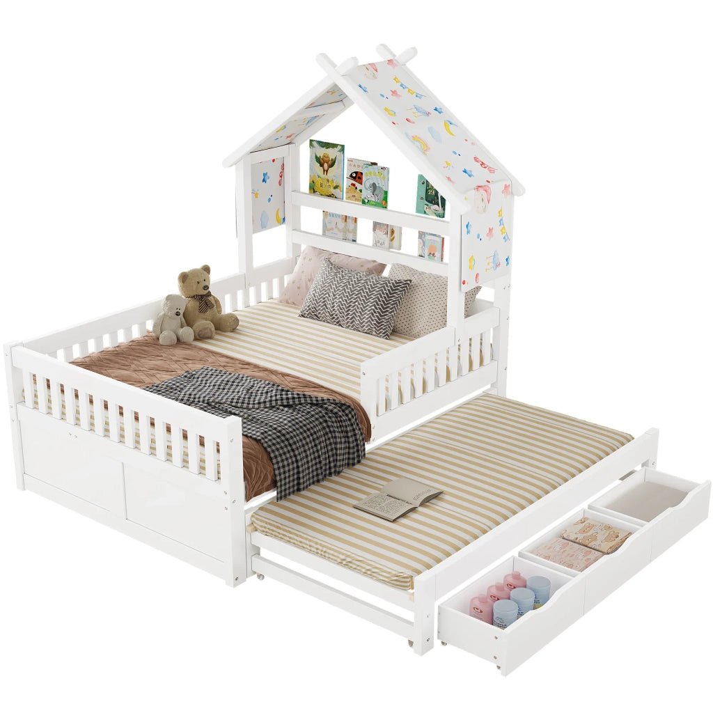 Letto a piattaforma in legno forma casa 140x200 cm, bianco, con letto estraibile, 3 cassetti e sponde di sicurezza