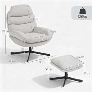Fauteuil con pouf girevole a 360° con schienale alto e seduta ampia in tessuto chenille bianco crema