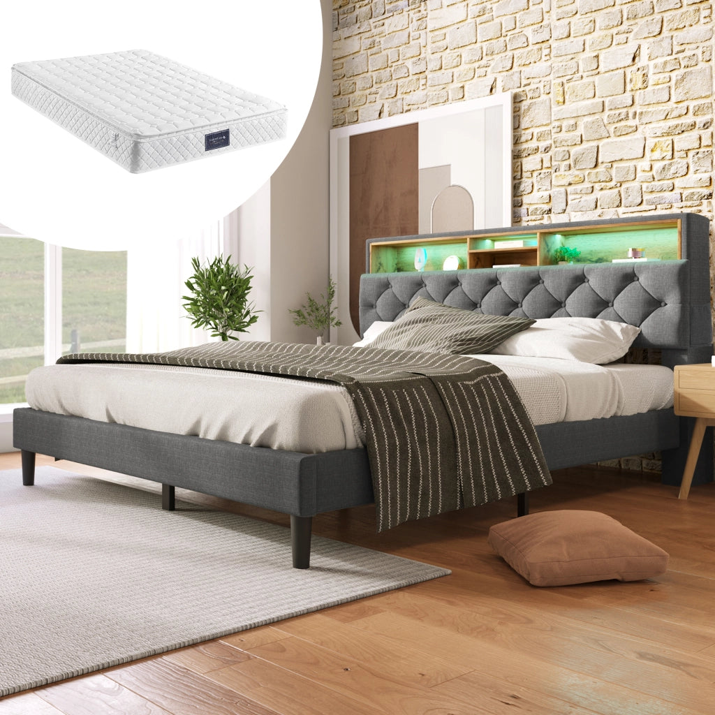Letto matrimoniale imbottito 140 ¡Á 200 cm con materasso a molle tasca testiera contenitore LED grigio