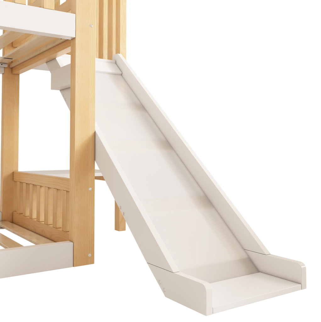 Letto a castello 90x200 cm con scivolo e ripiano in MDF, pino e compensato